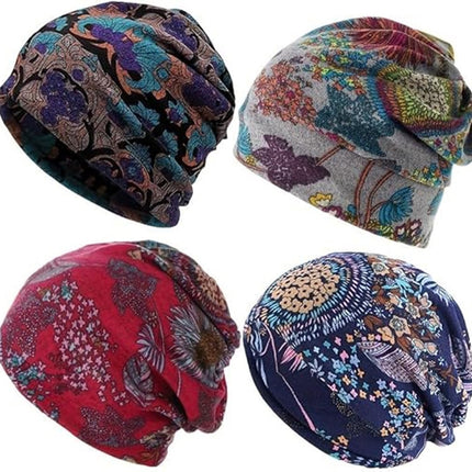 Beanie - Knitted Hat - 4-Piece Set - Bohemian Print - Soft Polyester - Suitable for Autumn and Winter
