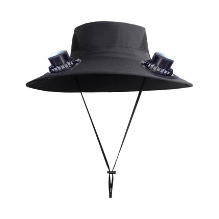 Wide Brim Solar Fan Hat with 2 Solar Fan, Fan Built in Hat with Fans Solar Power, Solar Powered Fan Hat for Outdoor Fishing Travel, 3 Speed Adjustable Fan Hat Black