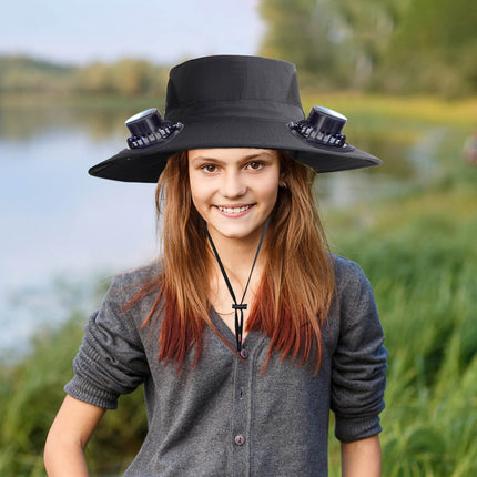 Wide Brim Solar Fan Hat with 2 Solar Fan, Fan Built in Hat with Fans Solar Power, Solar Powered Fan Hat for Outdoor Fishing Travel, 3 Speed Adjustable Fan Hat Black