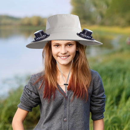 Wide Brim Solar Fan Hat with 2 Solar Fan, Fan Built in Hat with Fans Solar Power, Solar Powered Fan Hat for Outdoor Fishing Travel, 3 Speed Adjustable Fan Hat Gray