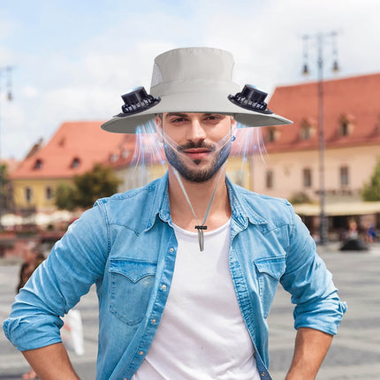 Wide Brim Solar Fan Hat with 2 Solar Fan, Fan Built in Hat with Fans Solar Power, Solar Powered Fan Hat for Outdoor Fishing Travel, 3 Speed Adjustable Fan Hat Gray