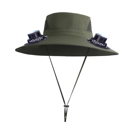 Wide Brim Solar Fan Hat with 2 Solar Fan, Fan Built in Hat with Fans Solar Power, Solar Powered Fan Hat for Outdoor Fishing Travel, 3 Speed Adjustable Fan Hat Green