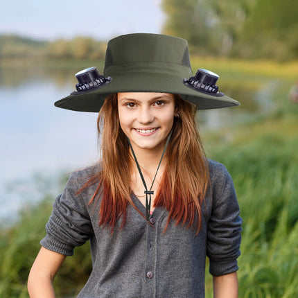 Wide Brim Solar Fan Hat with 2 Solar Fan, Fan Built in Hat with Fans Solar Power, Solar Powered Fan Hat for Outdoor Fishing Travel, 3 Speed Adjustable Fan Hat Green