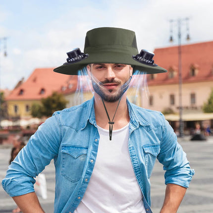 Wide Brim Solar Fan Hat with 2 Solar Fan, Fan Built in Hat with Fans Solar Power, Solar Powered Fan Hat for Outdoor Fishing Travel, 3 Speed Adjustable Fan Hat Green