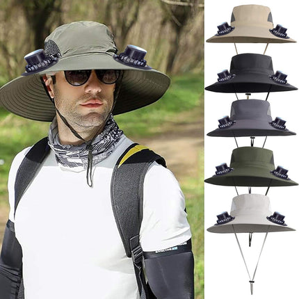 Wide Brim Solar Fan Hat with 2 Solar Fan, Fan Built in Hat with Fans Solar Power, Solar Powered Fan Hat for Outdoor Fishing Travel, 3 Speed Adjustable Fan Hat White