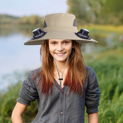 Wide Brim Solar Fan Hat with 2 Solar Fan, Fan Built in Hat with Fans Solar Power, Solar Powered Fan Hat for Outdoor Fishing Travel, 3 Speed Adjustable Fan Hat White