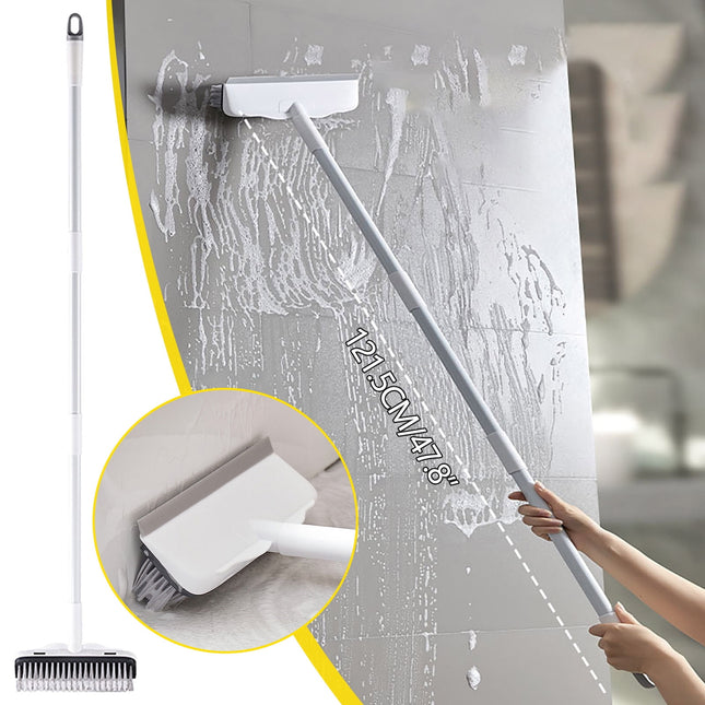 Floor Scrub Brush with Long Handle,2 in 1 Stiff Bristle Brush & Squeegee Broom for Floor,Bathroom,Tile,Wall Cleaning Tool,Push Scrubber for Shower,Deck,Garage B