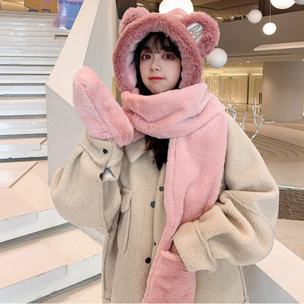 Winter Hat - Scarf - Mittens - 3 in 1 Set - Teddy Hat - Women's Winter Hat - Girls' Hat - Plush Hat - Hat with Ears - Warm Winter Set - Bear Hat - Soft Scarf - Hooded Hat - Fleece Hat - Gift for Women - Pink - One Size - Fluffy Hat - 1 Piece