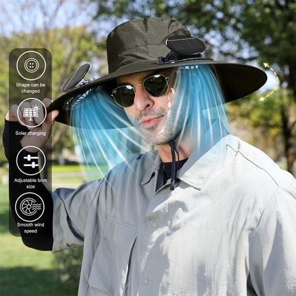 Solar Fan Hat Wide Brim Solar Fan Hat Outdoor Wide Brim Sun Hat with Solar Fan Fishing Hat, Removable & USB Charging Fan B-Green