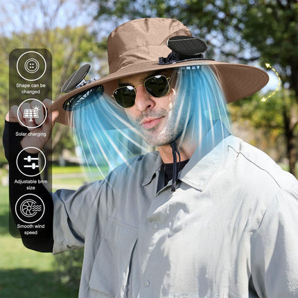 Solar Fan Hat Wide Brim Solar Fan Hat Outdoor Wide Brim Sun Hat with Solar Fan Fishing Hat, Removable & USB Charging Fan B-Khaki