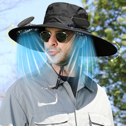 Solar Fan Hat Wide Brim Solar Fan Hat Outdoor Wide Brim Sun Hat with Solar Fan Fishing Hat, Removable & USB Charging Fan C-Black