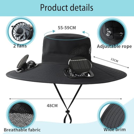 Solar Fan Hat Wide Brim Solar Fan Hat Outdoor Wide Brim Sun Hat with Solar Fan Fishing Hat, Removable & USB Charging Fan D-Black