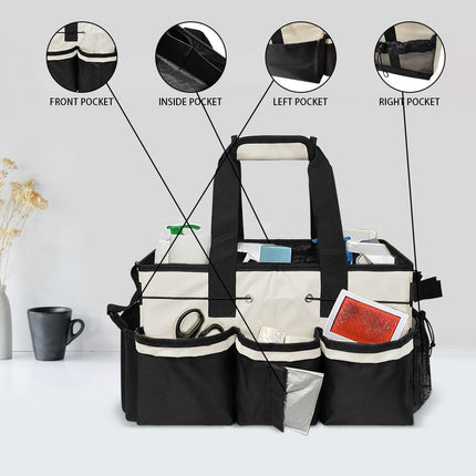 Wearable Cleaning Caddy, Cleaning Caddy Supplies Organizer with Handle & Shoulder Straps for Housekeepers, Under Sink & Car Cleaning Tool Organizers Bag with Foldable Divider (Beige)