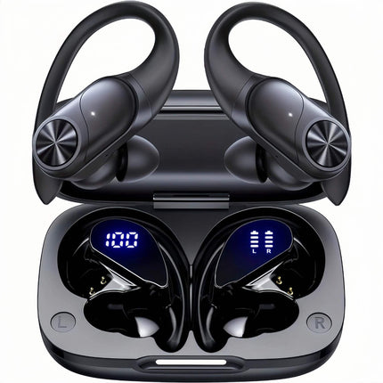 Bluetooth Headphones Wireless Earbuds 80hrs Playtime Wireless Charging Case Digital Display Sports Ear Buds with Earhook Deep Bass IPX7 Waterproof Over-Ear Earphones for TV Phone Laptop Black