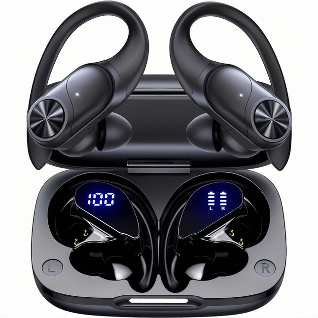 Bluetooth Headphones Wireless Earbuds 80hrs Playtime Wireless Charging Case Digital Display Sports Ear Buds with Earhook Deep Bass IPX7 Waterproof Over-Ear Earphones for TV Phone Laptop Black