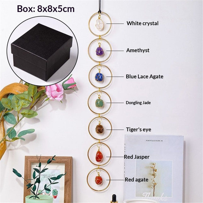 7 Chakra Crystal Hanging Ornament, Unique, Spiritual Boho Wall Decor, Raw Chakra Stones Amethyst Suncatcher, Rose Quartz Crystal (Gold)