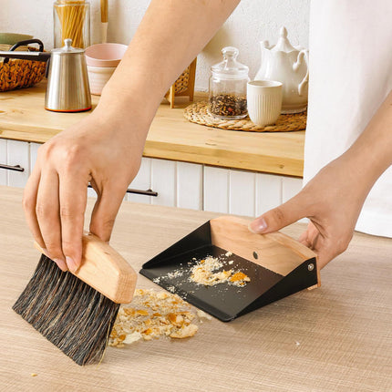 Small Dust Pan and Brush Set, Mini Hand Broom and Dustpan Set, Wooden Crumb Sweeper for Home Desktop, Sofa, Pet Care Household (Black)2pcs