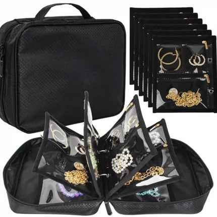 Travel Jewelry Organizer Case,Jewelry Bags for Traveling, Jewelry Binder with6Pcs Clear Zipper Velvet Pouches for Storing Earrings, Ring(Black，20*25*8cm)
