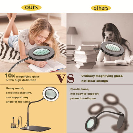 10X Desk Magnifying Glass with Light and Stand, Large Magnifying Lamp Magnifying Light for Crafts Hands Free, Upgrated Head Button Reading Magnifier for Books Sewing