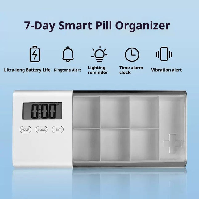Portable Pill Organizer with Sound Flashing Light and Vibration Alarm, Weekly Pill Dispenser, Countdown Timer, Pill Box Large Capacity Medicine Organizer