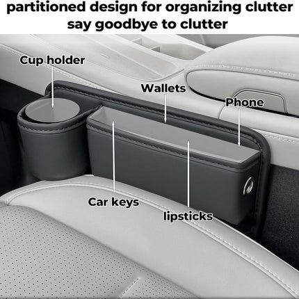 2-Pack Car Seat Gap Filler Organizer with Cup Holder - Premium Leather - Universal Fit - Keeps Cans/Phone/Keys/Wallets Organized(Black)