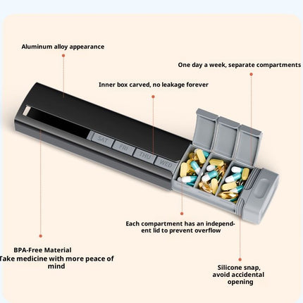7 Day Weekly Pill Organizer Premium Stylish Aluminum Large Capacity Pill Box for Supplements, Pills, Vitamins and Medication
