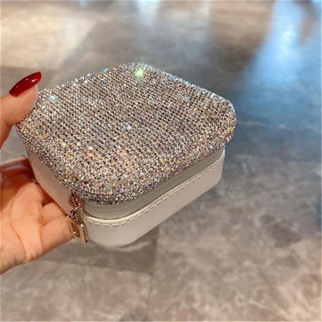 Luxury Rhinestone Jewelry Holder Pouch, Travel Portable PU leather Organizer Case w Compartments for Jewelry,Hair Pins