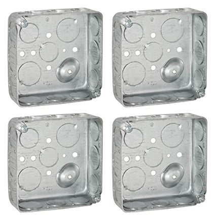 (4 Pack) 4'' Square Electrical Box, Drawn Construction, Raised Ground,Capacity, 1-1/2'' Deep, Galvanized Steel, Combination Screw Heads