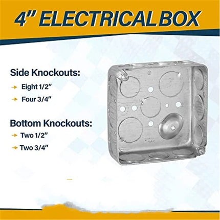 (4 Pack) 4'' Square Electrical Box, Drawn Construction, Raised Ground,Capacity, 1-1/2'' Deep, Galvanized Steel, Combination Screw Heads