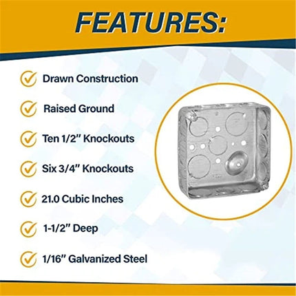 (4 Pack) 4'' Square Electrical Box, Drawn Construction, Raised Ground,Capacity, 1-1/2'' Deep, Galvanized Steel, Combination Screw Heads