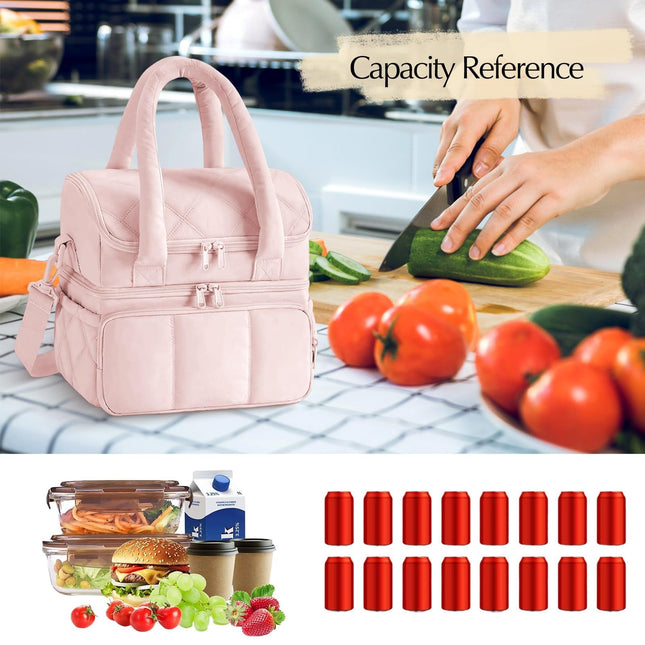 Insulated Lunch Bag Lunch Box for Women,Double Deck Leakproof Cooler Tote with Adjustable Shoulder Strap,Quilted Puffer Design & Durable pink