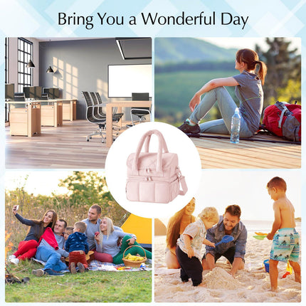 Insulated Lunch Bag Lunch Box for Women,Double Deck Leakproof Cooler Tote with Adjustable Shoulder Strap,Quilted Puffer Design & Durable pink
