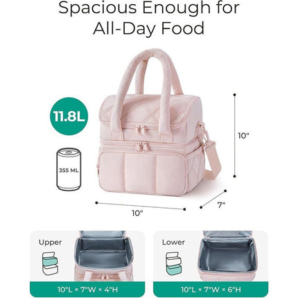Insulated Lunch Bag Lunch Box for Women,Double Deck Leakproof Cooler Tote with Adjustable Shoulder Strap,Quilted Puffer Design & Durable pink