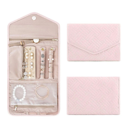 Travel Jewelry Organizer Roll Foldable Jewelry Case for Journey-Rings, Necklaces, Bracelets, Earrings, Soft Pink（Excluding jewelry）
