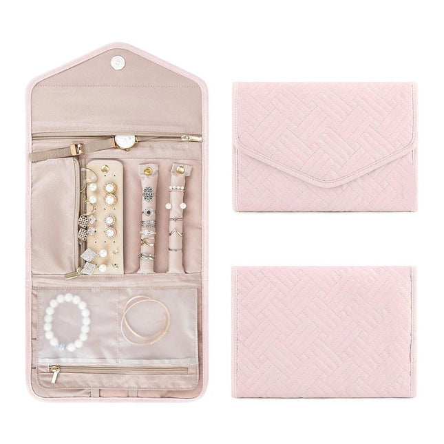Travel Jewelry Organizer Roll Foldable Jewelry Case for Journey-Rings, Necklaces, Bracelets, Earrings, Soft Pink（Excluding jewelry）