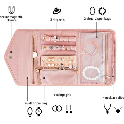 Travel Jewelry Organizer Roll Foldable Jewelry Case for Journey-Rings, Necklaces, Bracelets, Earrings, Soft Pink（Excluding jewelry）