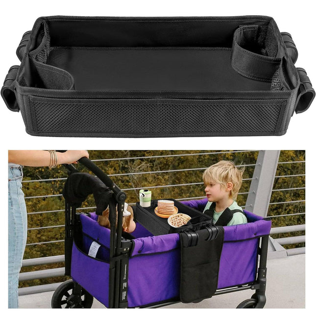 Double Sided Stroller Tray Fits for Wagon- Kids Snacks & Activities - Faux Leather Sides for Eating - 4 Cup Holders-W4 accessories, Easy to Use and Clean, Play On the Go (W4 Series)