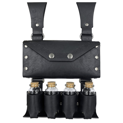 Medieval Alchemy Faux Leather Belt Bag with 4 Cork Potion Vials, Fantasy Wizard Waist Pouch Side Pack  (Black A)