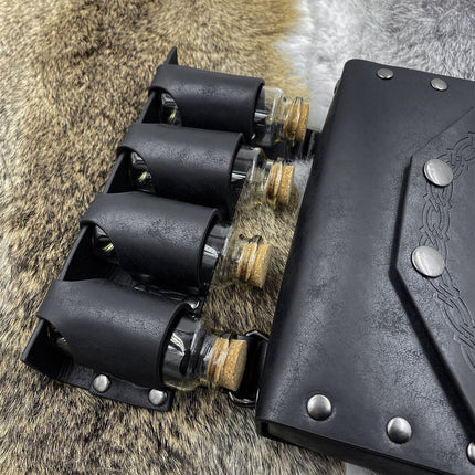 Medieval Alchemy Faux Leather Belt Bag with 4 Cork Potion Vials, Fantasy Wizard Waist Pouch Side Pack  (Black A)