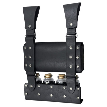 Medieval Alchemy Faux Leather Belt Bag with 4 Cork Potion Vials, Fantasy Wizard Waist Pouch Side Pack  (Black A)