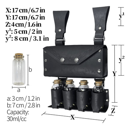 Medieval Alchemy Faux Leather Belt Bag with 4 Cork Potion Vials, Fantasy Wizard Waist Pouch Side Pack  (Black A)