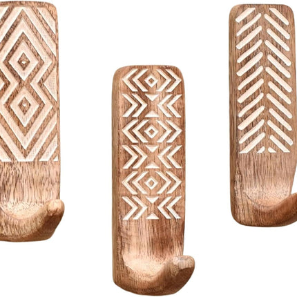 Shelf Boho Decorative Wood Adhesive Wall Hooks for Hanging Coats, Keys, Leash, Hat, Towel Holder, Cute Sticky Key Holder,  (3 Hooks )