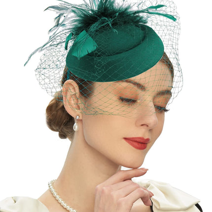 Womens Fascinators Hats Vintage  Hat  Hat Cocktail Tea Party Headwear with Veil for Girls and Women（Green）