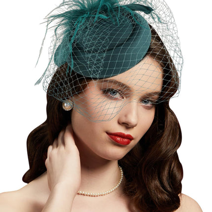 Womens Fascinators Hats Vintage  Hat  Hat Cocktail Tea Party Headwear with Veil for Girls and Women（Green）