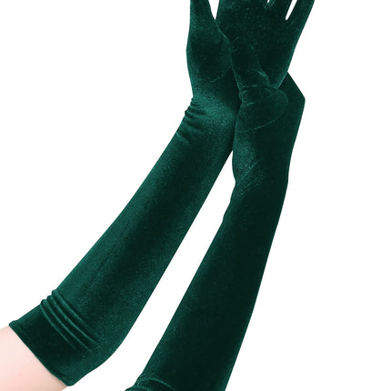 A pair of Long Opera Gloves for Women Velvet Gloves   Stretchy Elbow Length Halloween Costume Gloves（green）