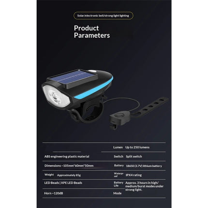 Multi-Functional Solar-Powered and USB Rechargeable Mountain Bike Night Cycling High Brightness Bike Front Light and 120dB Horn Bicycle Charging Light
