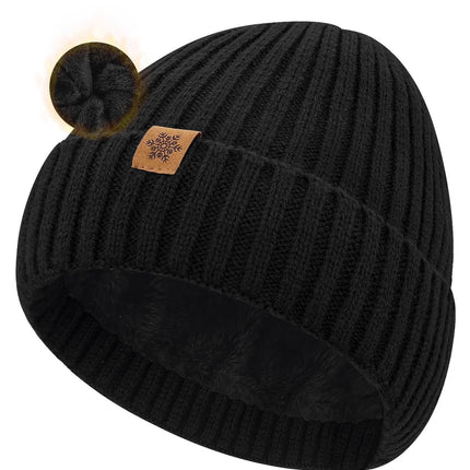 Unisex black warm knitted winter hat, fleece lining, soft and warm, ski hat, narrow brim, suitable for cold weather.