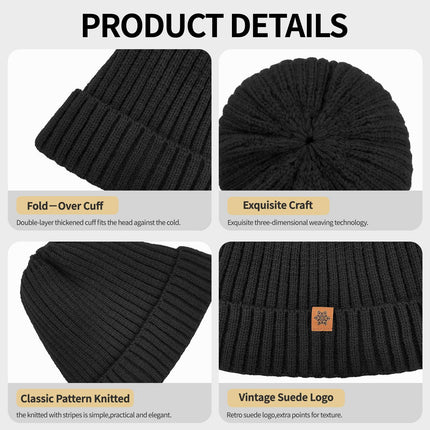 Unisex black warm knitted winter hat, fleece lining, soft and warm, ski hat, narrow brim, suitable for cold weather.