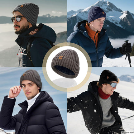 Unisex black warm knitted winter hat, fleece lining, soft and warm, ski hat, narrow brim, suitable for cold weather.