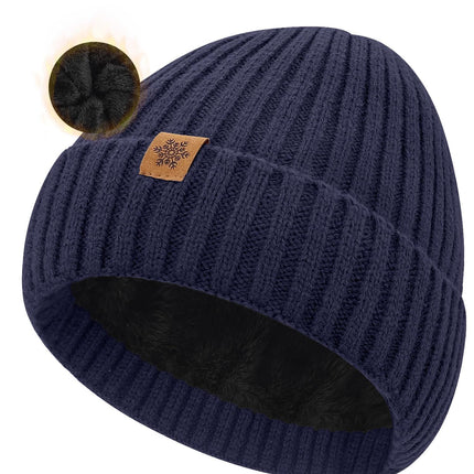 Unisex navy blue warm knitted winter hat, fleece lining, soft and warm, ski hat, narrow brim, suitable for cold weather.